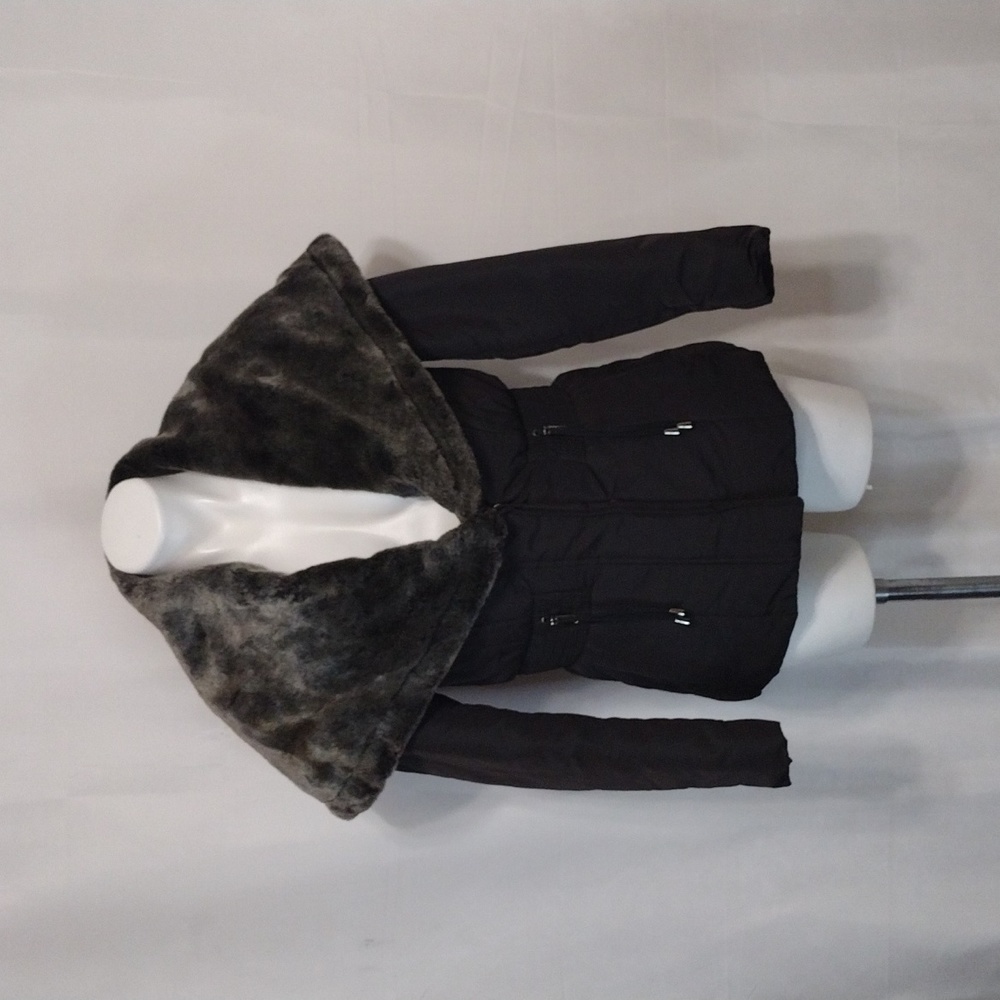 Zara Faux Fur Trim Black Puffer Jacket Small Wide Collar Winter Coat Chic Warm